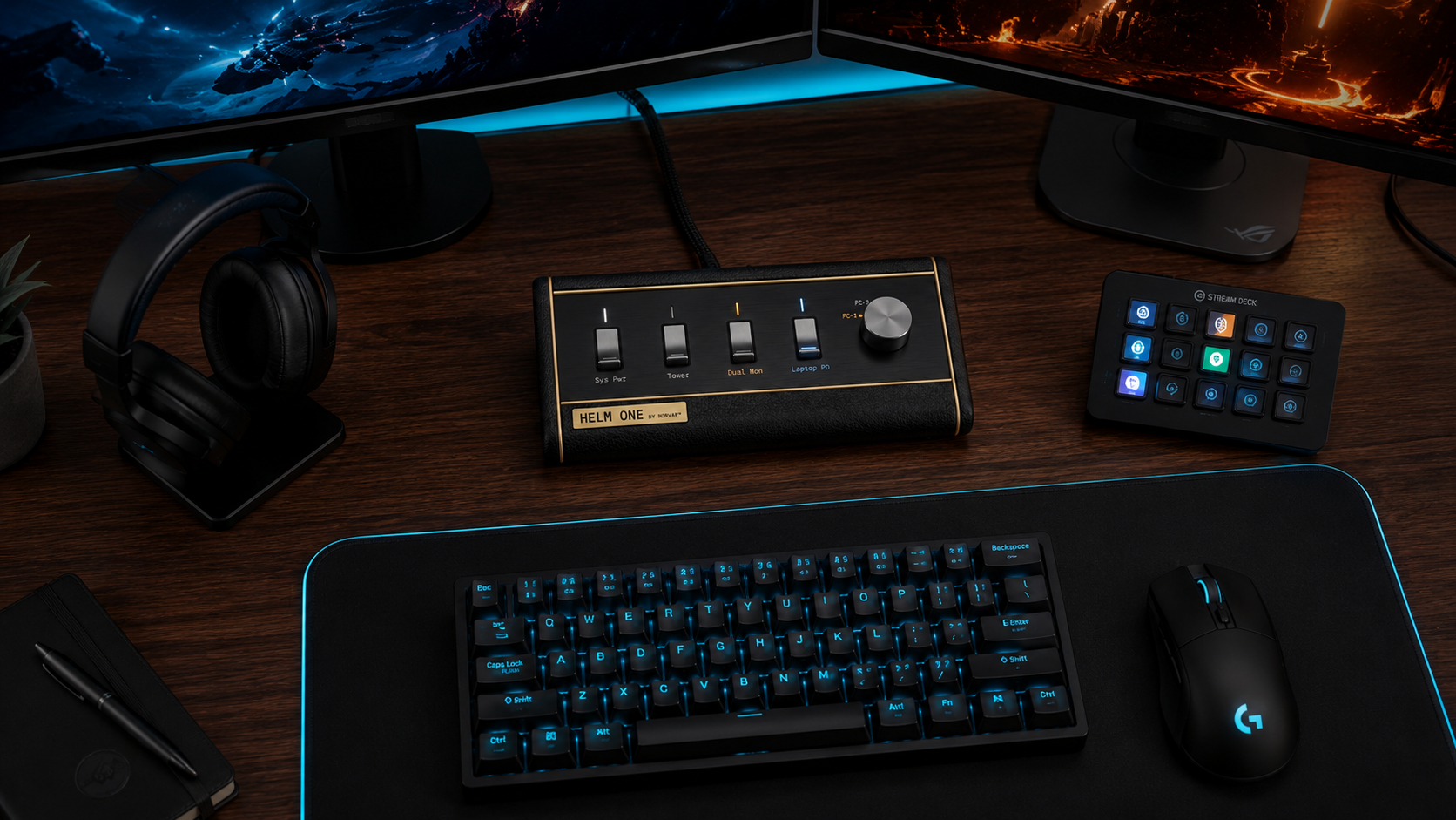 Top-down modern desk setup with HELM ONE